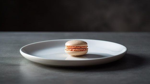 A macaroon sits on a plate on a table.