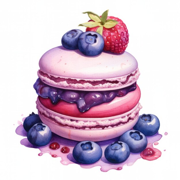 Macaroon with blueberries on a white background Watercolor illustration