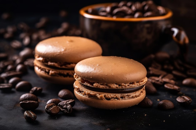 Миндальное печенье и кофейные зерна на черном фоне