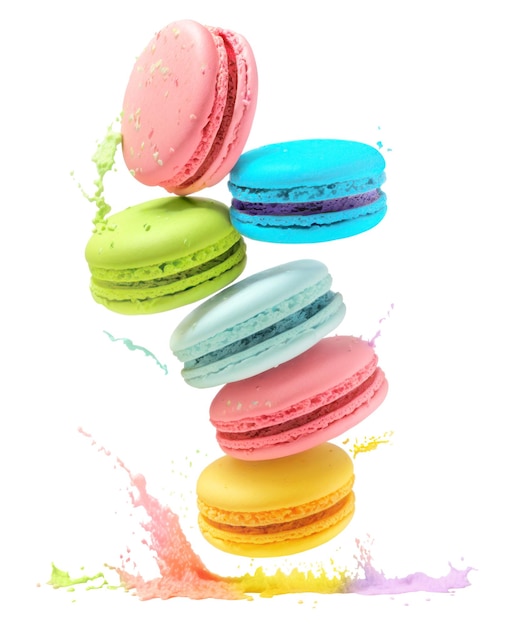 Macaroons levitating over splashes of color Generative AI illus