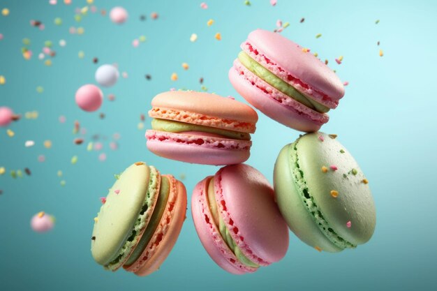 Macaroons in motion falling on pastel background Sweet colorful french macaroons levitation in the air Generative AI illustration