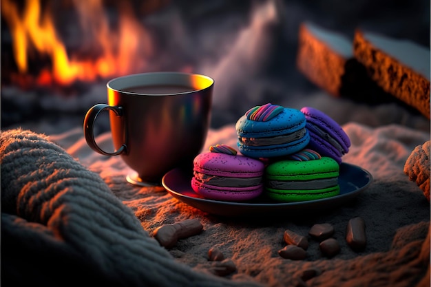 Macaroons near a cup of cocoa on the background of a campfire