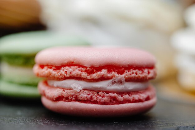 Macaroons on a table Closeup of macarons cakes Culinary and cooking concept