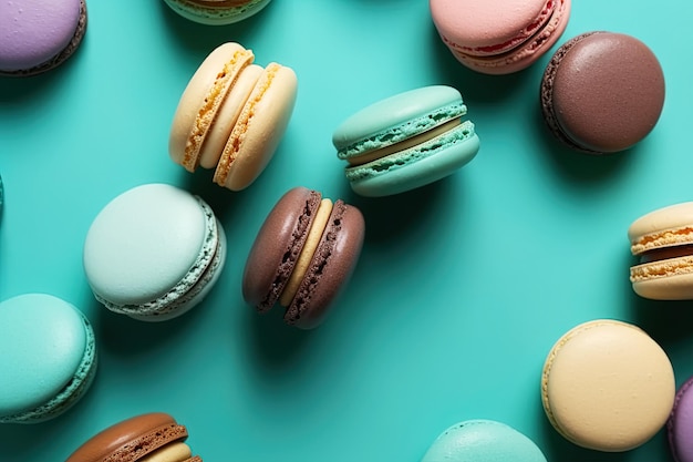 Macaroons on an turquoise pastel background Generated ai