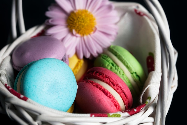 Macaroons in the white basket