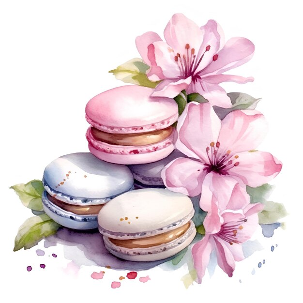 Macaroons with flowers decor Watercolor style AI