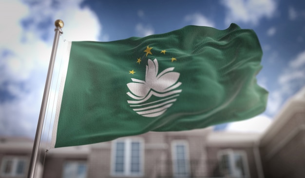 Macau Flag 3D рендеринг на фоне голубого неба