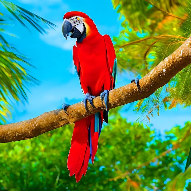 A Macaw bird is sitting on a tree branch