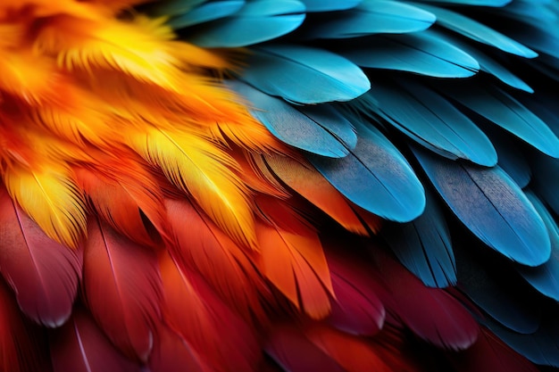 macaw bird039s feathers with red yellow orange and blue shades exotic nature background