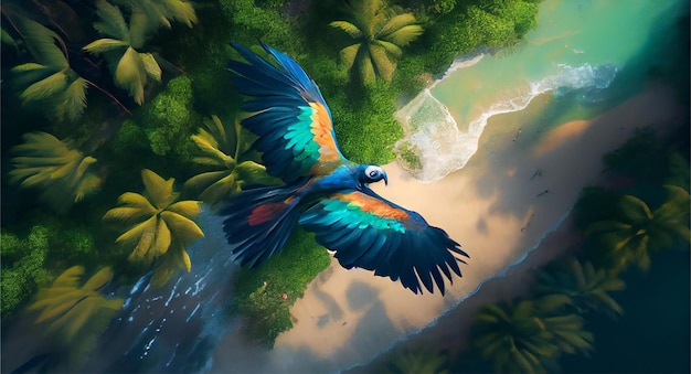 Macaw flying over the jungle islands and ocean View from top Generative Ai