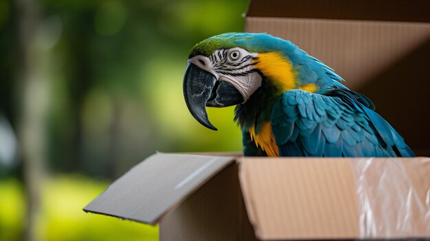 Macaw inside a cardboard box