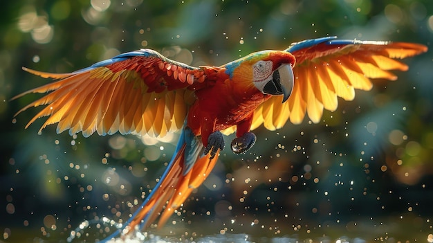 macaw is flying after splashing the water