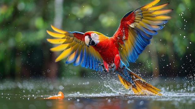 macaw is flying above the water