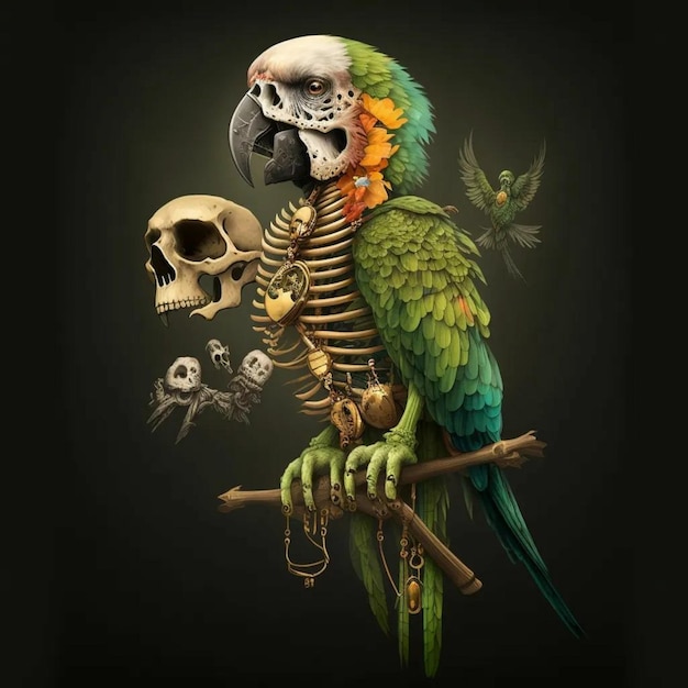 A macaw is sitting on a skeleton with skulls on it.