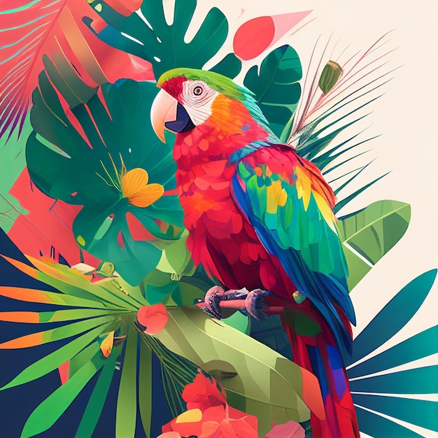 Macaw parrot in bright leaves background Generative AI