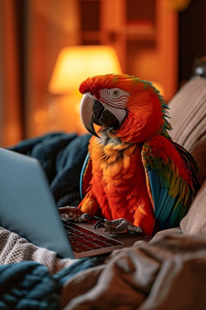 Macaw parrot is working on a laptop