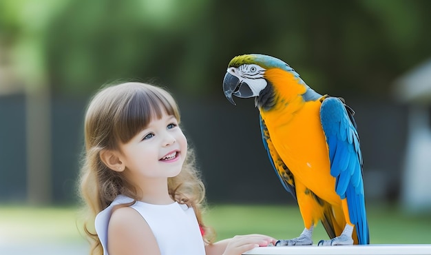 Macaw parrot and little girl Concept of pet bird