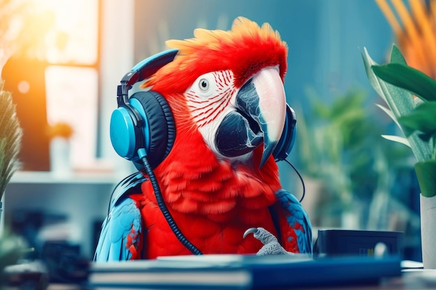 Photo a macaw parrot with headphones working in the office the concept of a professional consultant