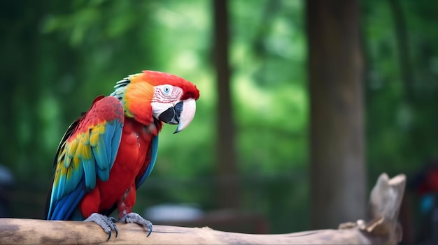 Macaw Parrot on the Wooden Branch on The Blurred Forest Background