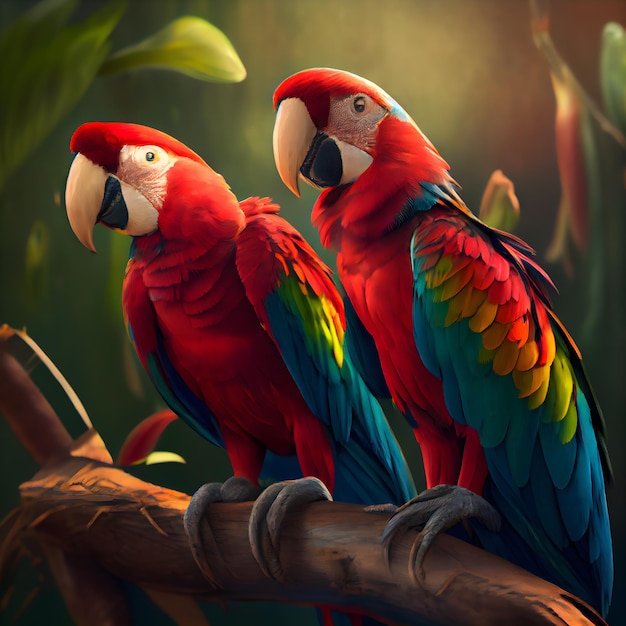 Macaw parrots sitting on a branch in the wild nature