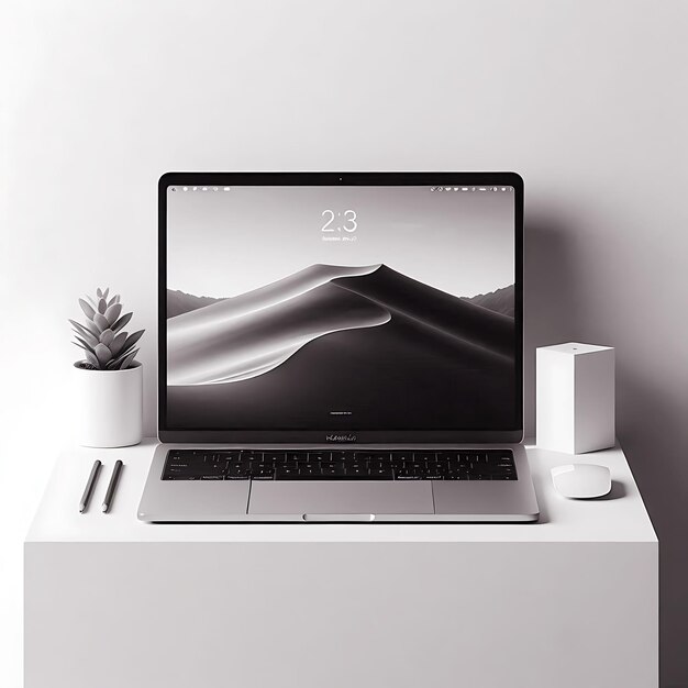 Photo macbook mockup with minimalist monochrome background