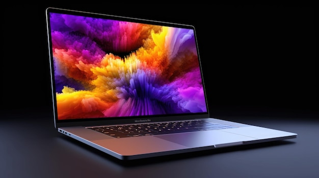 A macbook pro is open to a black background.