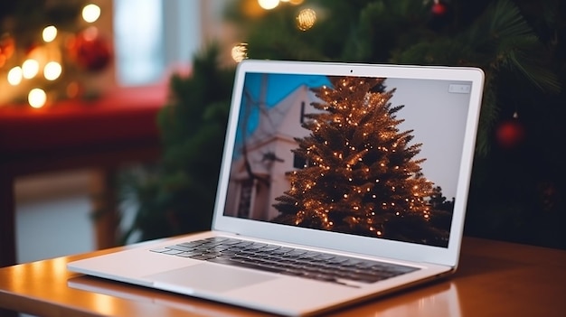 A macbook pro is open to a christmas tree on a table.