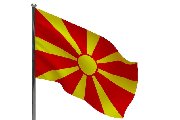 Macedonia flag on pole. Metal flagpole. National flag of Macedonia 3D illustration on white