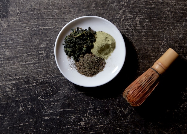 Macha tea on wooden surface