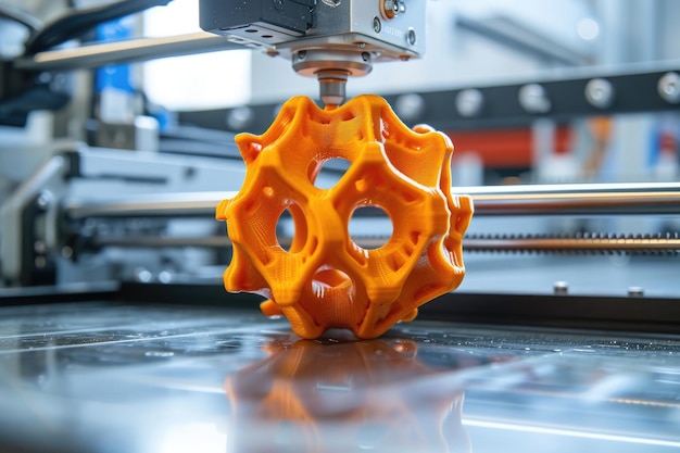 A machine in action manufacturing a ballshaped structure out of plastic materials 3D printed multimaterial object resting on the printer bed AI Generated