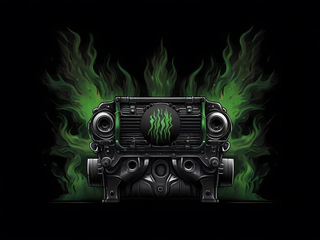 Photo machine block design vector with green flames