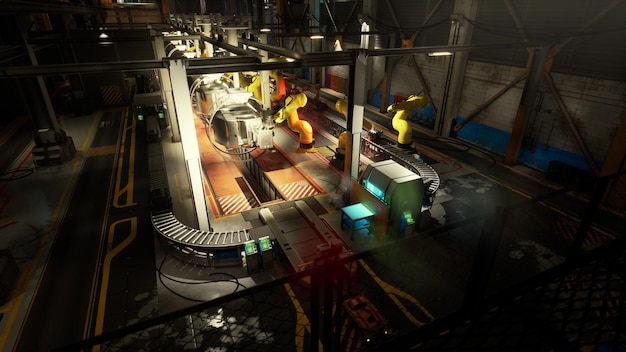 machine building conveyor system in a factory with robotic arms working