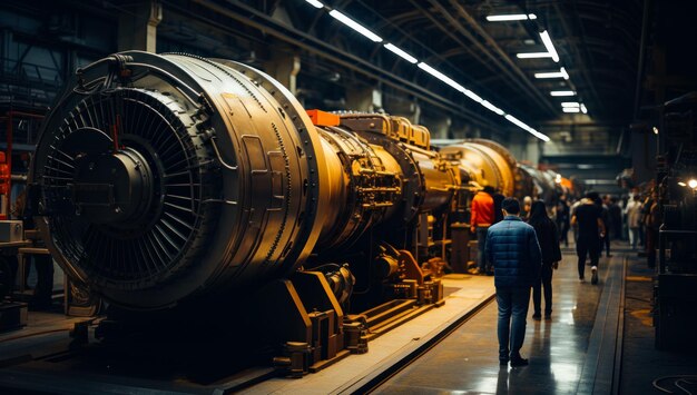 機械製造産業展示会 展示された飛行機の詳細サンプルを見ながら歩く人々 生成AI