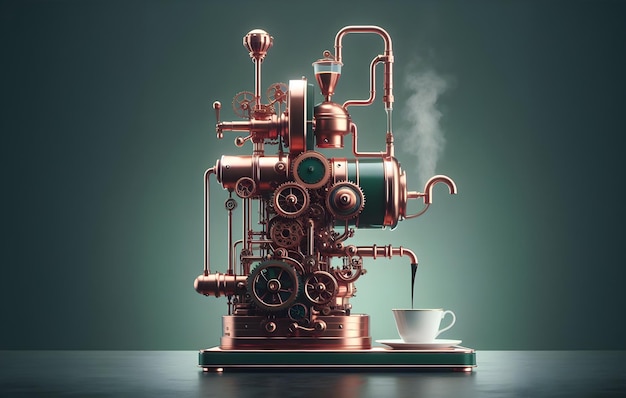 machine designed with a steampunk aesthetic brewing a single cup of coffee