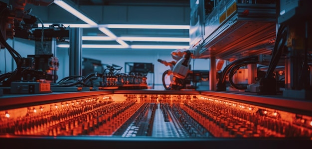 A machine in a factory with a red light on the inside.