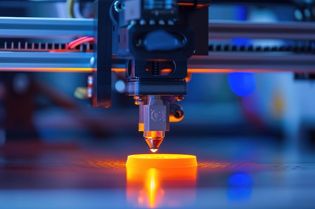 a machine in full operation on a yellow object demonstrating its functionality and effectiveness 3d printer in the process of creating an object ai generated