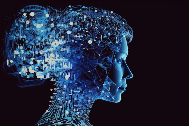 Machine learning and artificial intelligence concepts Over a dark blue background a silhouette of a womans head is seen with a double exposure of network holograms and hazy lines of code