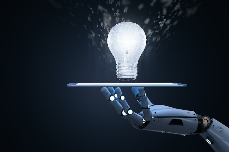 Photo machine learning concept with robot hand hold tablet with lightbulb