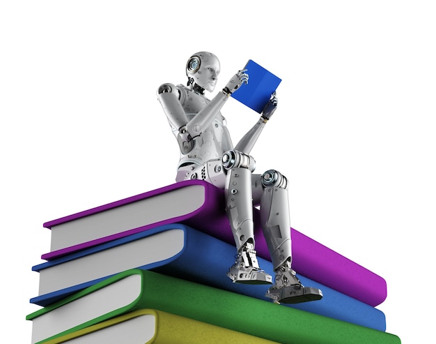 Концепция машинного обучения с роботом и стопкой книг