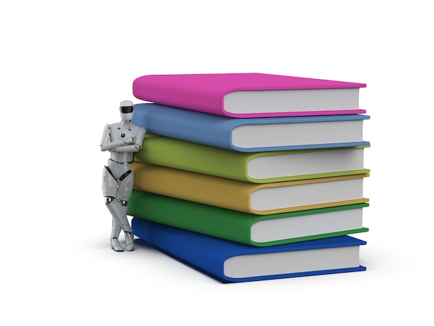 Machine learning concept with robot and stack of books