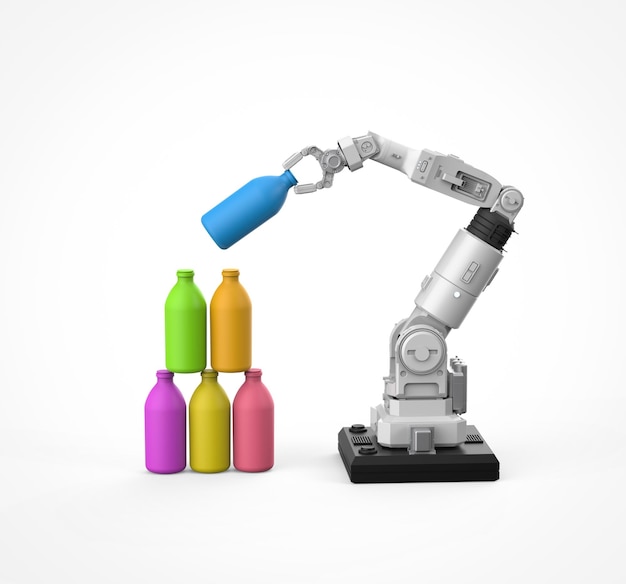 Concetto di apprendimento automatico con braccio robotico arrangiare bottiglie giocattolo