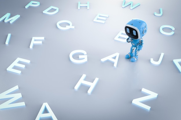 Machine learning concept with small robot and alphabets