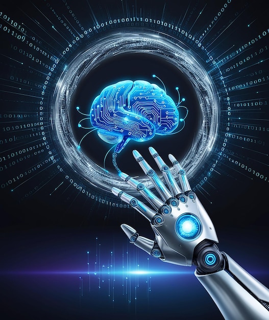 machine learning hand of robot touching on binary data futuristic artificial intelligence ai deep learning brain representing algorithm and innovative neural network big data visualization