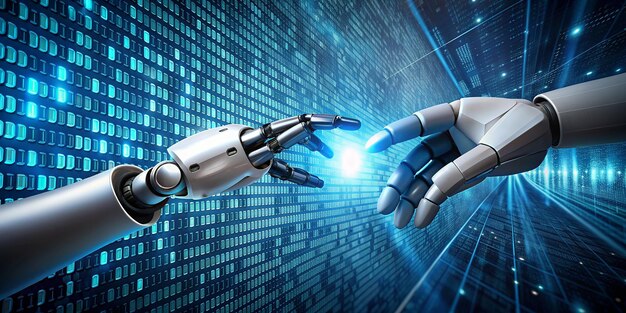 Premium Photo | Machine learning Hand of robot touching on binary data ...