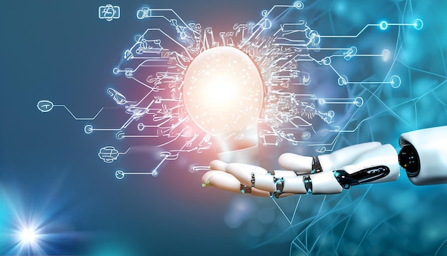 Machine learning Handen van robot en menselijke aanraking op big data-netwerk Brain data creative