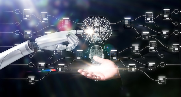 사진 머신러닝: 로과 인간의 손이 ai 뇌를 만지는 과학과 인공지능 기술 혁신과 미래의 로이 기계적 인공 지능 뇌를 들고