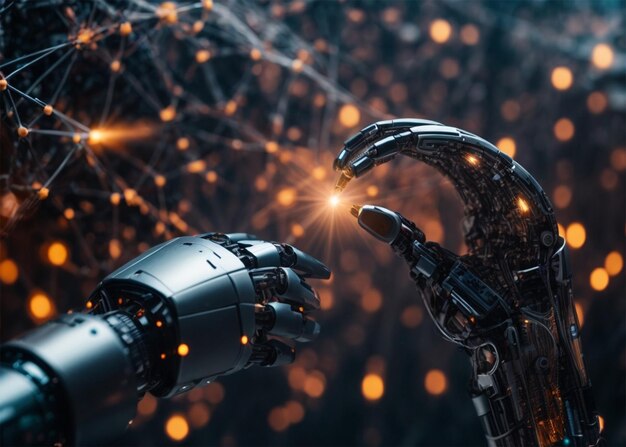 機械学習 ロボットと人間の手が 大規模なデータネットワーク接続に触れる