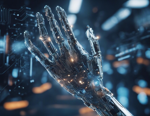 Machine learning robot hand ai artificial intelligence assistance human touching on big data