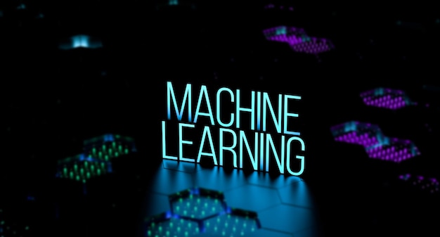 MACHINE LEARNING word acronym Machine learning neon text banner 3D render