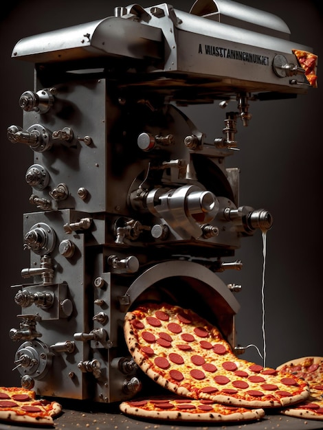 Photo a machine that produces pizza with cheese meld realistic bizarre